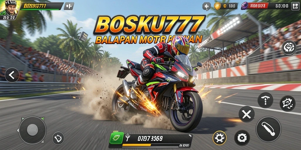 Screenshot utama BOSKU777 menampilkan aksi balapan motor yang mendebarkan.