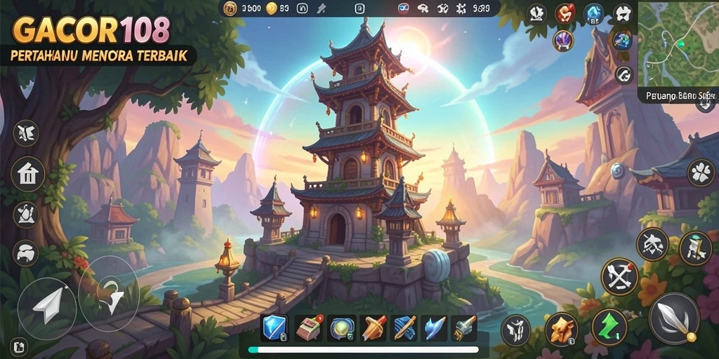 Screenshot utama GACOR108 menampilkan aksi gameplay Tower Defense yang mendebarkan.