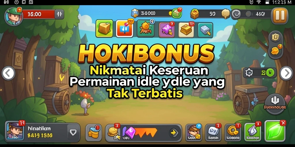 Tampilan gameplay HOKIBONUS dengan berbagai aset yang berkembang secara otomatis.