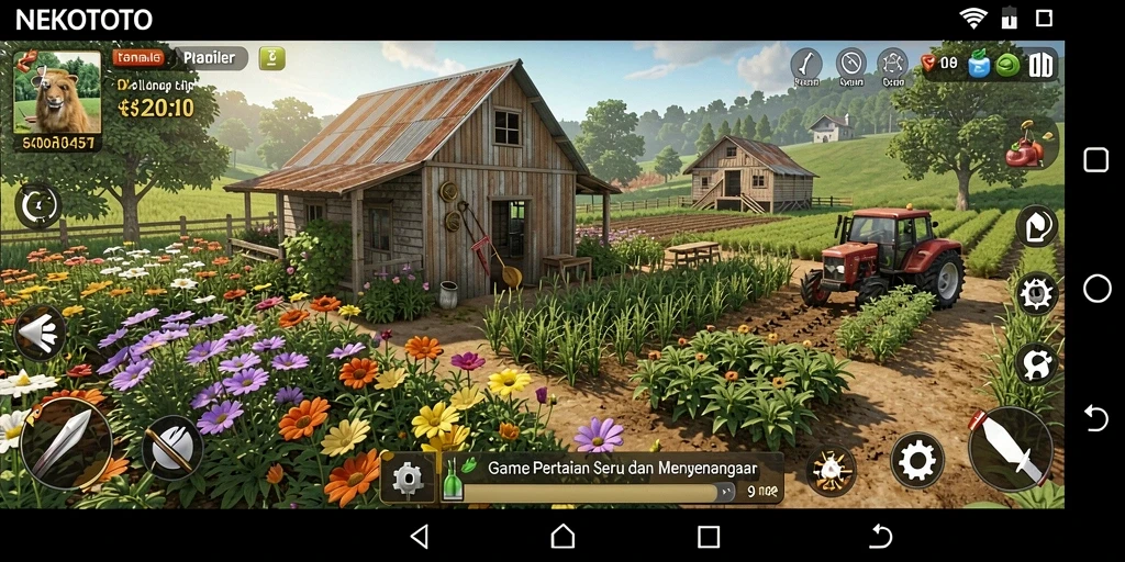 Tampilan utama gameplay NEKOTOTO menampilkan ladang subur dan hewan ternak yang lucu.