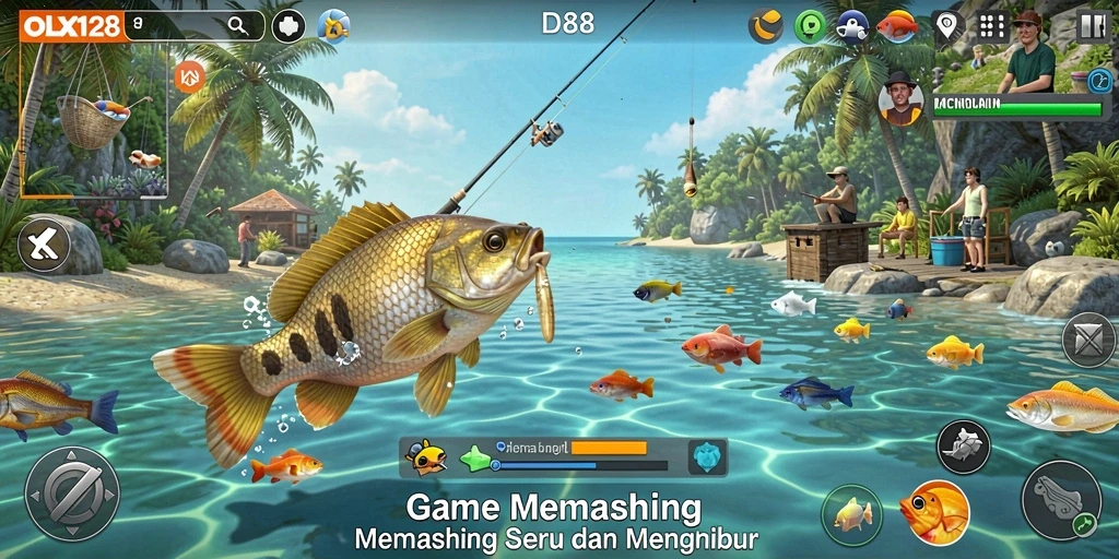 Tampilan screenshot utama OLX128 yang menunjukkan gameplay memancing yang mendebarkan.