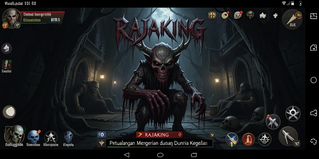 Screenshot RAJAKING menampilkan suasana menegangkan saat pemain menjelajahi tempat angker.